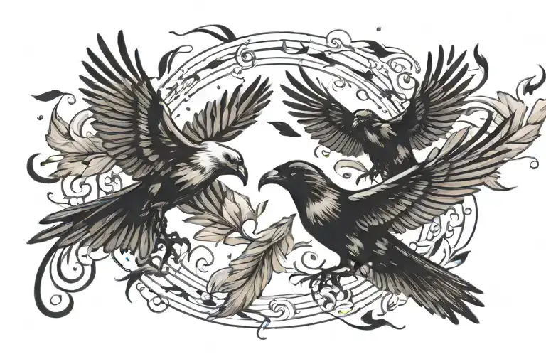 8 crows separately flying. one dove flying. feathers swirling  tattoo design idea