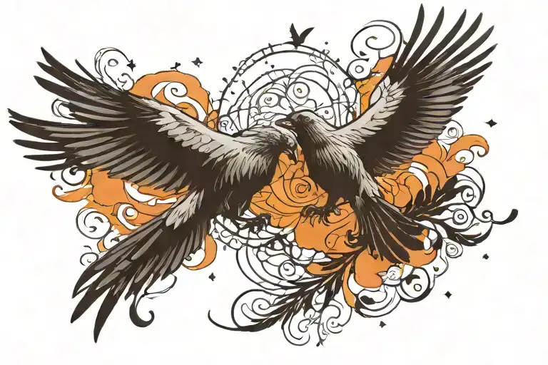 8 crows separately flying. one dove flying. feathers swirling  tattoo design idea