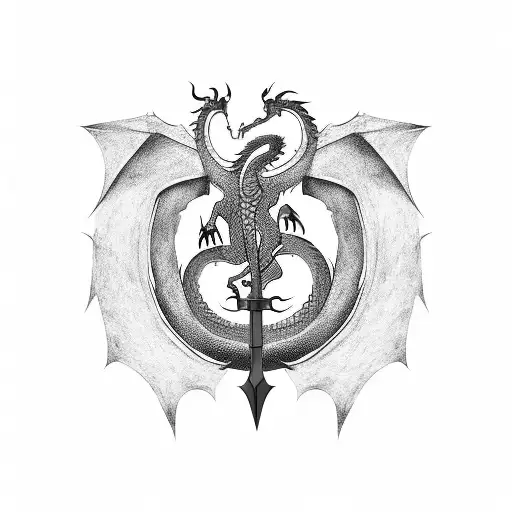 A minimalist silhouette of a dragon coiling around a sword, symbolizing strength and power tattoo design idea