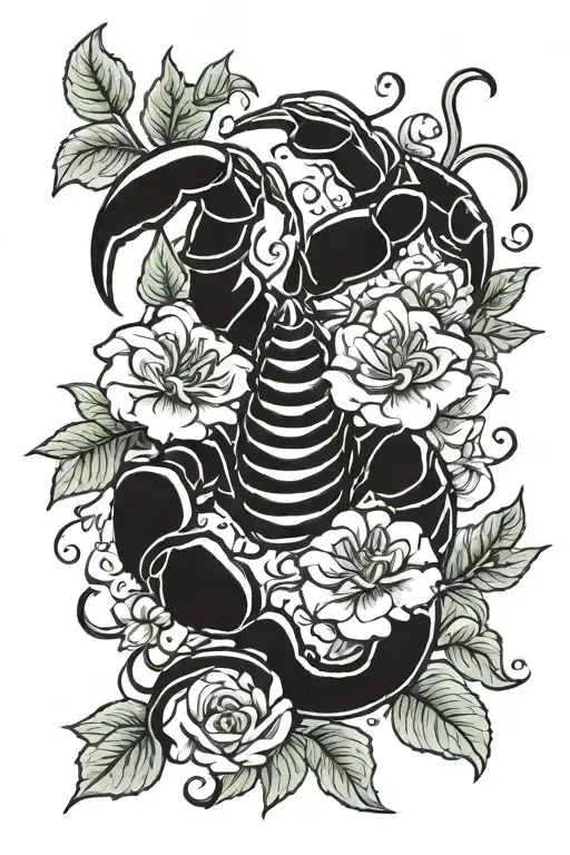 scorpion heart flowers tattoo design idea