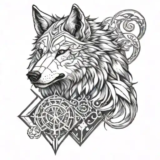 wolf anime viking with metatron cube tattoo design idea