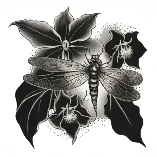 orchid, fairy, dragonfly, fire, moon intertwined tattoo design idea