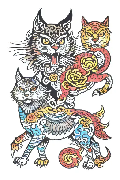 A traditional Japanese color tattoo having Owl, Wolf, cat, dog, horse, and bull. tattoo design idea