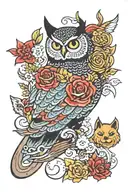 A traditional Japanese color tattoo having Owl, Wolf, cat, dog, horse, and bull. tattoo design idea