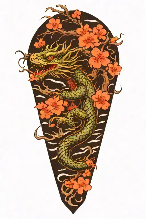japanese water dragon with waves and cherry blossoms tattoo design idea