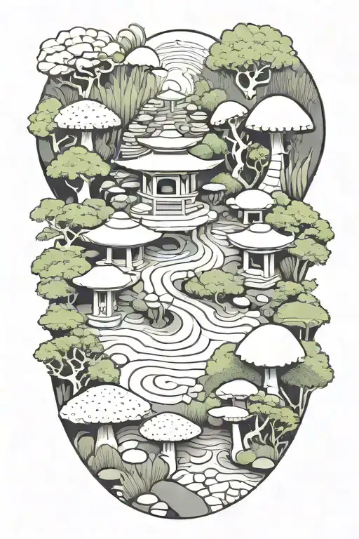 japanese rock garden with local mushrooms  tattoo design idea