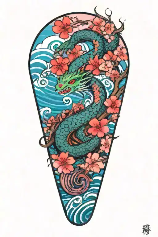 japanese water dragon with waves and cherry blossoms tattoo design idea