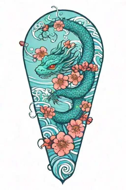 japanese water dragon with waves and cherry blossom tree tattoo design idea