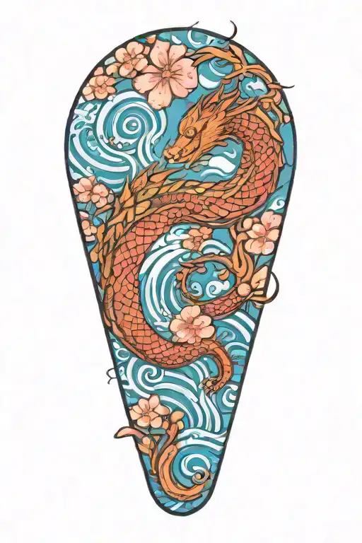 water dragon with waves and cherry blossom tree growing tattoo design idea
