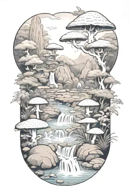 japanese rock garden with local mushrooms outlined with Banboo waterfall tattoo design idea