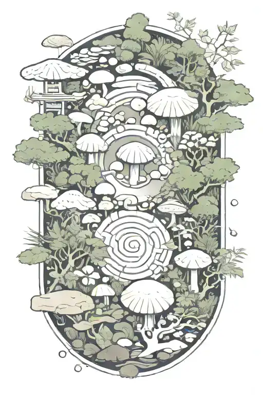 japanese rock garden with local mushrooms, outlined with Banboo, color, the number 5 included  tattoo design idea