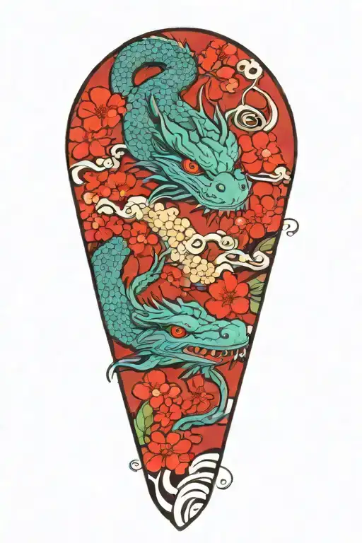 japanese water dragon with waves and cherry blossoms tattoo design idea