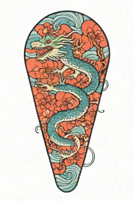 japanese water dragon with waves and cherry blossom tree tattoo design idea