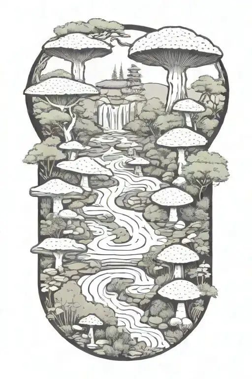 japanese rock garden with local mushrooms outlined with Banboo waterfall tattoo design idea