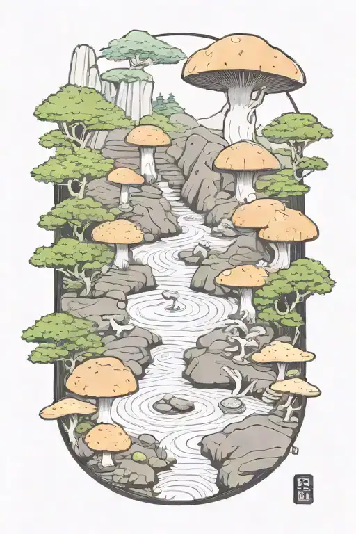 japanese rock garden with local mushrooms, outlined with Banboo, color, the number 5 included  tattoo design idea