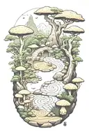 japanese rock garden with local mushrooms, outlined with Banboo, color, the number 5 included  tattoo design idea