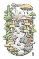 japanese rock garden with local mushrooms, outlined with Banboo, color, the number 5 included  tattoo design idea