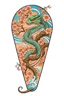 japanese water dragon with waves and cherry blossom tree tattoo design idea