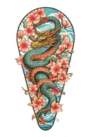 japanese water dragon with waves and cherry blossom tree tattoo design idea