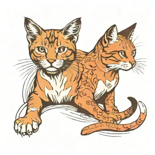 Create a sketch of a tattoo on your hand (long drawing) it should depict 3 cats: red, colored, Siamese. there should be  tattoo design idea