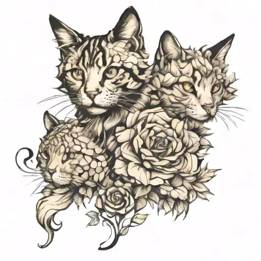 Create a sketch of a tattoo on your hand, let's start with 3 cats depicted, around them there should be dried flowers an tattoo design idea