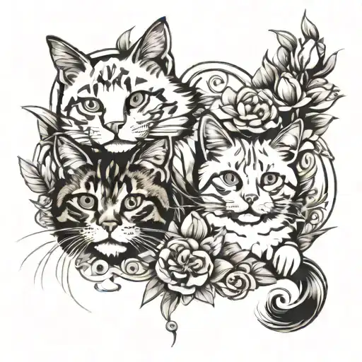 Create a sketch of a tattoo on your hand, let's start with 3 cats depicted, around them there should be dried flowers an tattoo design idea