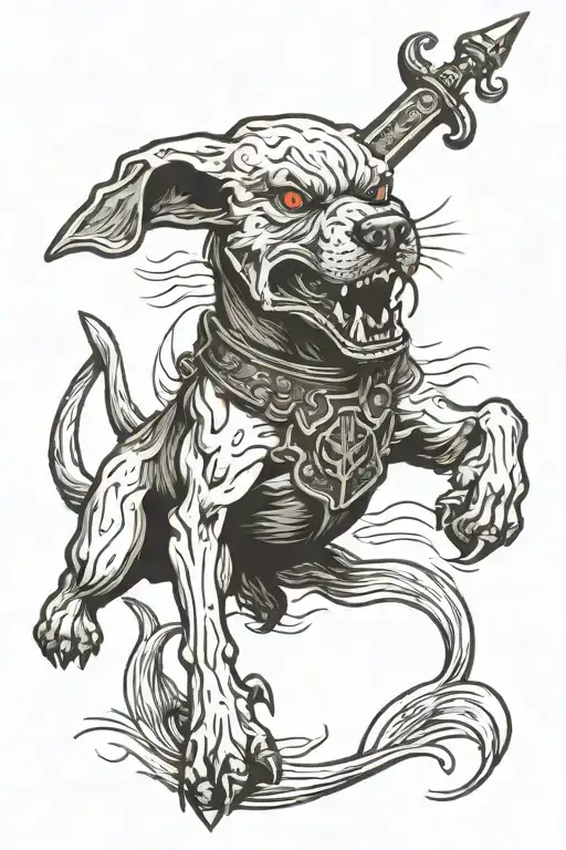 berserk hound with sword stabbed through its head tattoo design idea