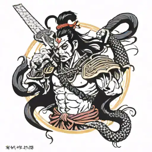 Japanese samurai warfare with influence of Lord Shiva look and his snake around the neck and third eye on his forehead w tattoo design idea
