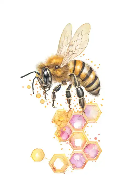 honeybee with honeycomb pattern with molecular structures tattoo design idea