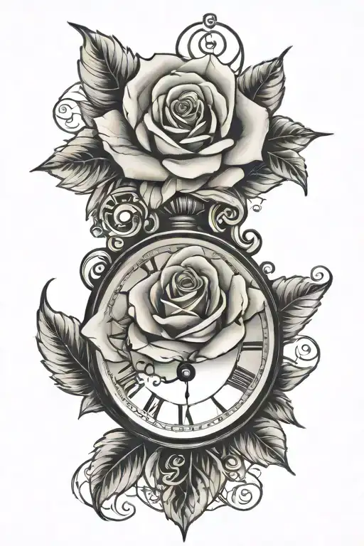 rose and a clock and eye  tattoo design idea