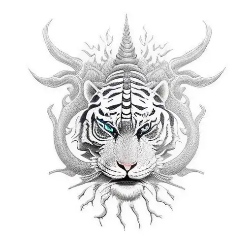 Samurai com mascara de asura e um  tigre descendo uma arvores  tattoo design idea