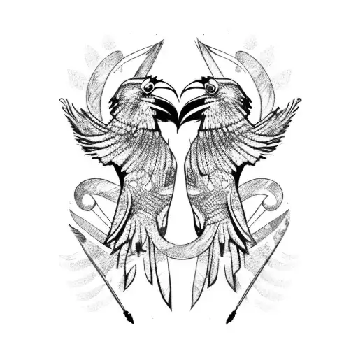 two ravens spiral with scrolls and feathers tattoo design idea