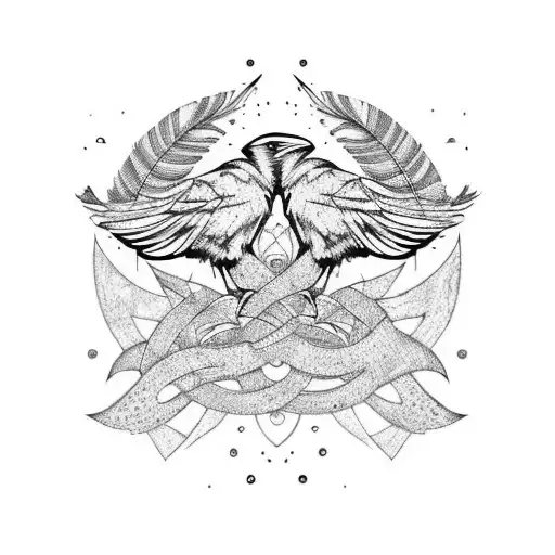 two ravens spiral with scrolls and feathers tattoo design idea