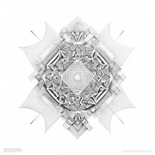 Intricate geometric pattern incorporating elements of a malevolent shrine tattoo design idea
