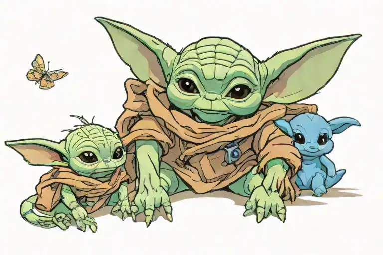 baby Yoda and stitch staring down at bluey tattoo design idea