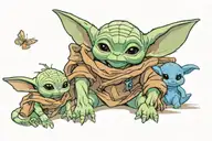 baby Yoda and stitch staring down at bluey tattoo design idea