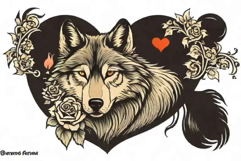 Wolf howling at bad moon flowers hearts butterflies music tattoo design idea
