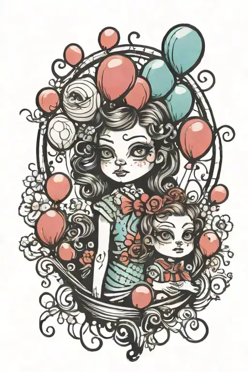 balloon poping and gir look with eyes open tattoo design idea