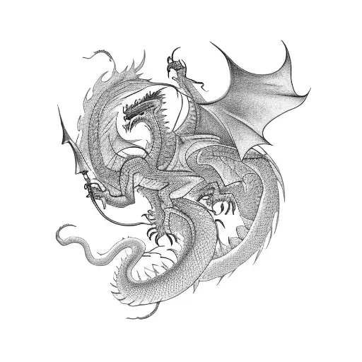 male tatoo with a dragon rising from the left arm, this dragon should be black with the lines drawed in wite and his mou tattoo design idea