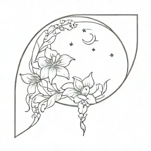 crescent moon and larkspur flowers intertwined tattoo design idea