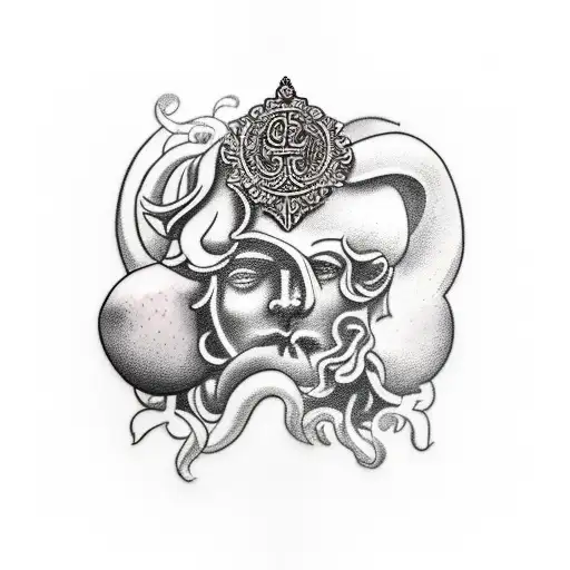 the greek god of wine dionysus tattoed in the calf in black and grey with a bunch of grapes in its real color tattoo design idea