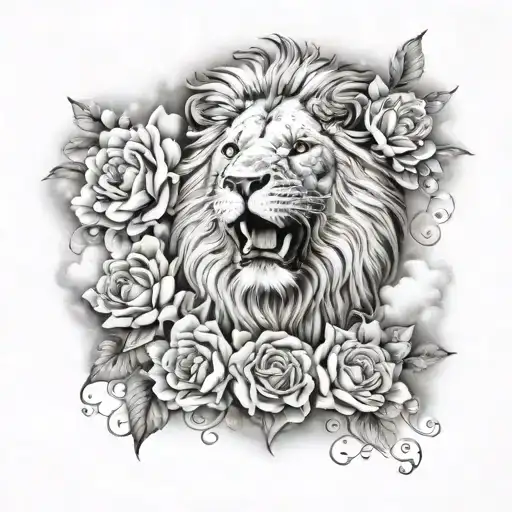 lion head surrounded by flowers and clouds with a dove  tattoo design idea