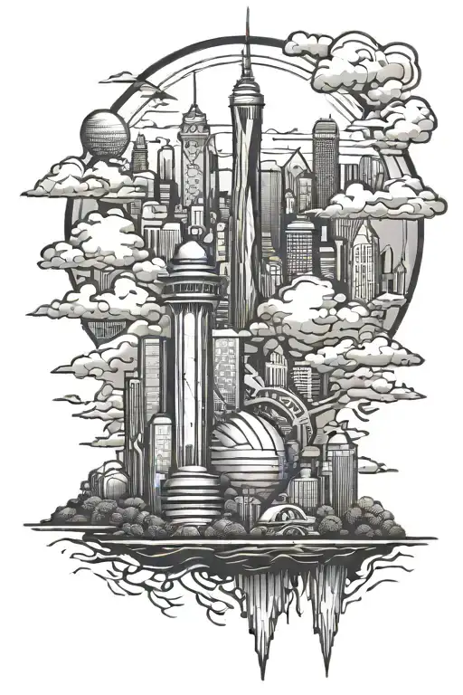 Create a tattoo of the Atlanta skyline with subtle Naruto elements integrated throughout the design tattoo design idea