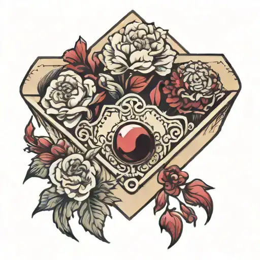 envelope with garnet and carnations tattoo design idea