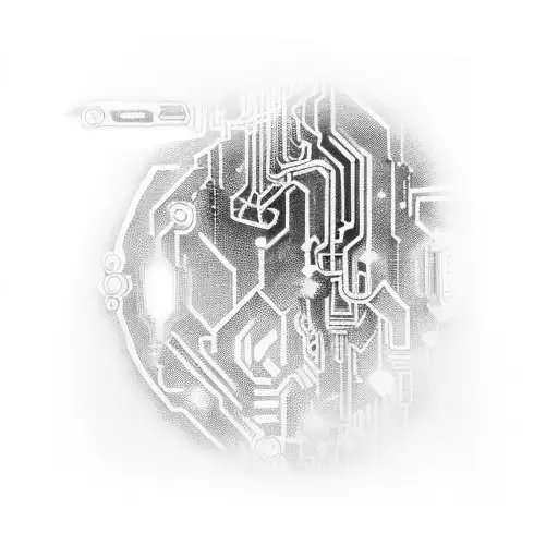 A cyberpunk-inspired arm sleeve tattoo featuring tracers and circuitry tattoo design idea