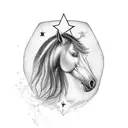 3 stars, male black horse, Forrest with water, black tear drop on pretty women  tattoo design idea