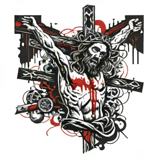 dark creepy old school crucified jesus christ black and white tattoo design idea