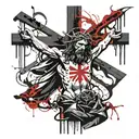 dark creepy old school crucified jesus christ black and white tattoo design idea