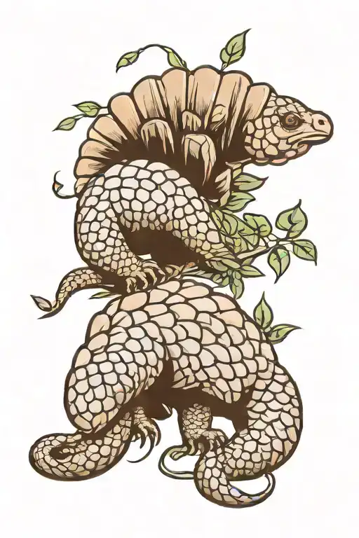 pangolin with armor on, with foliage around it  tattoo design idea