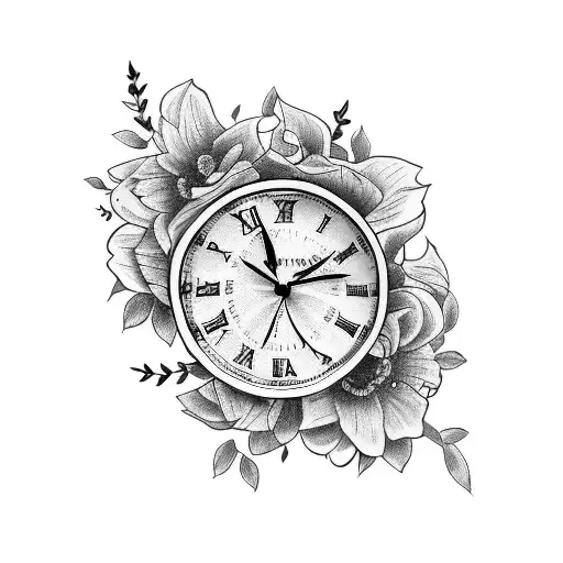 tatouage fleurale avec une horloge le signe sagittaire et l'infini Charly papillon  tattoo design idea